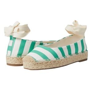 Striped Green and White Espadrille Flats with Ankle Tie